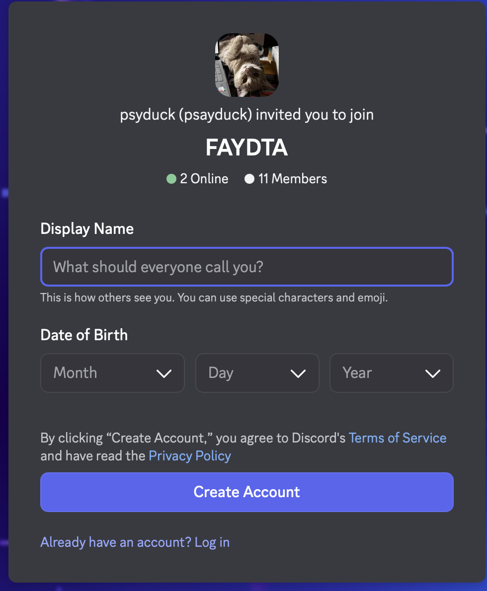 The Discord create-account screen: a Display Name box, Date of Birth dropdowns, and a blue Create Account button.