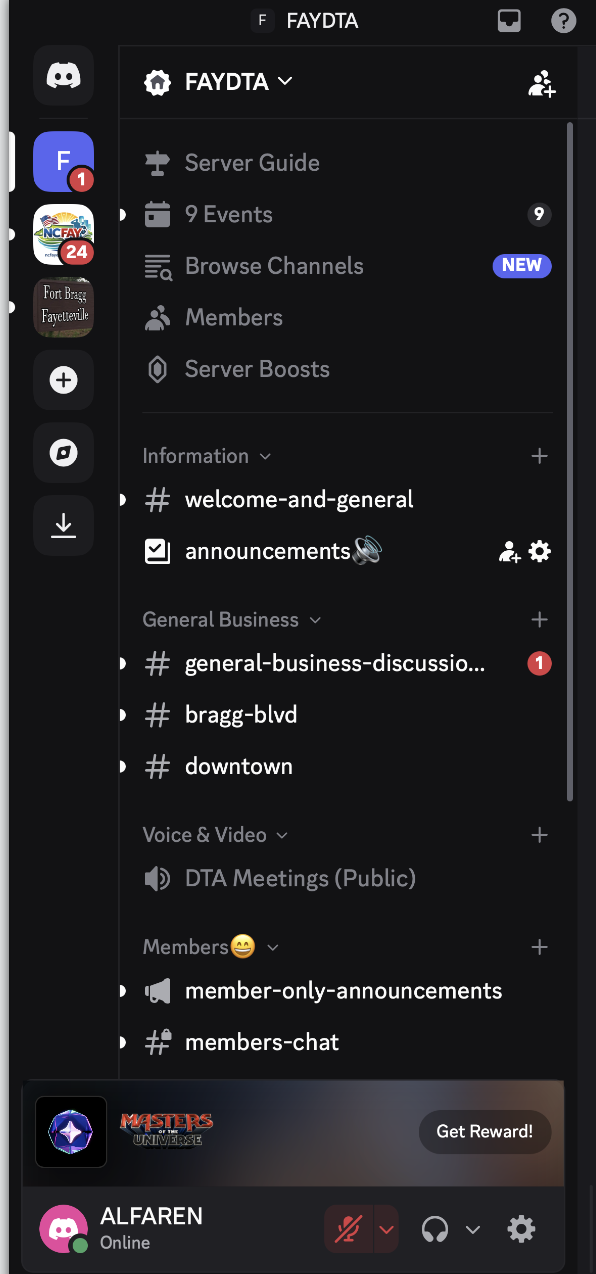 Screenshot of the FAYDTA Discord server showing server icons on the left, channels grouped by category in the middle, and the user’s profile at the bottom